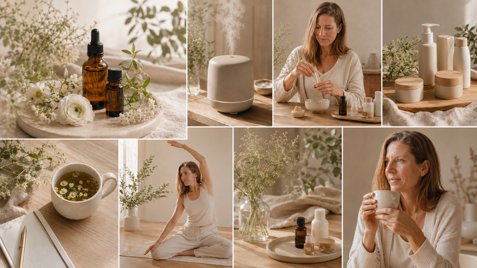 Rituales low tox con aceites esenciales, cosmética fresca, infusión y autocuidado