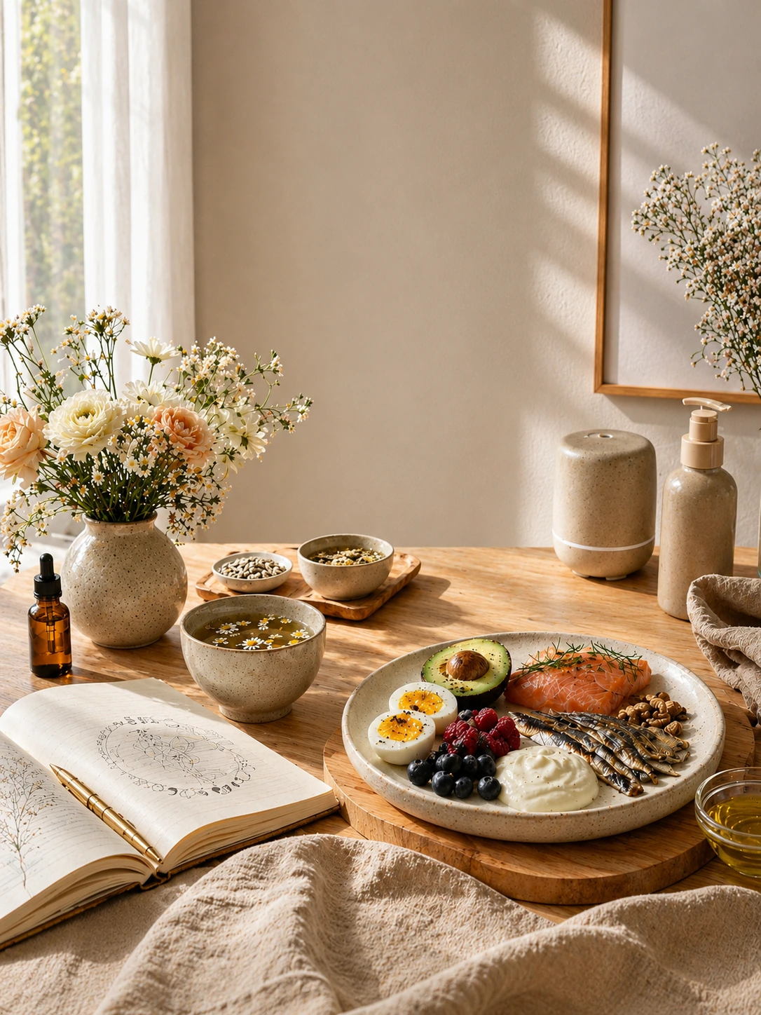 Mesa luminosa con alimentos, libreta, flores e infusión