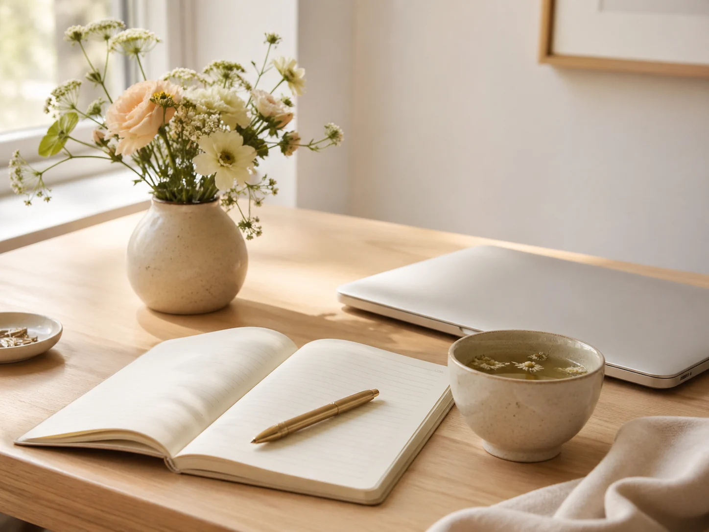 Escritorio luminoso con libreta, infusión y flores para una sesión de claridad