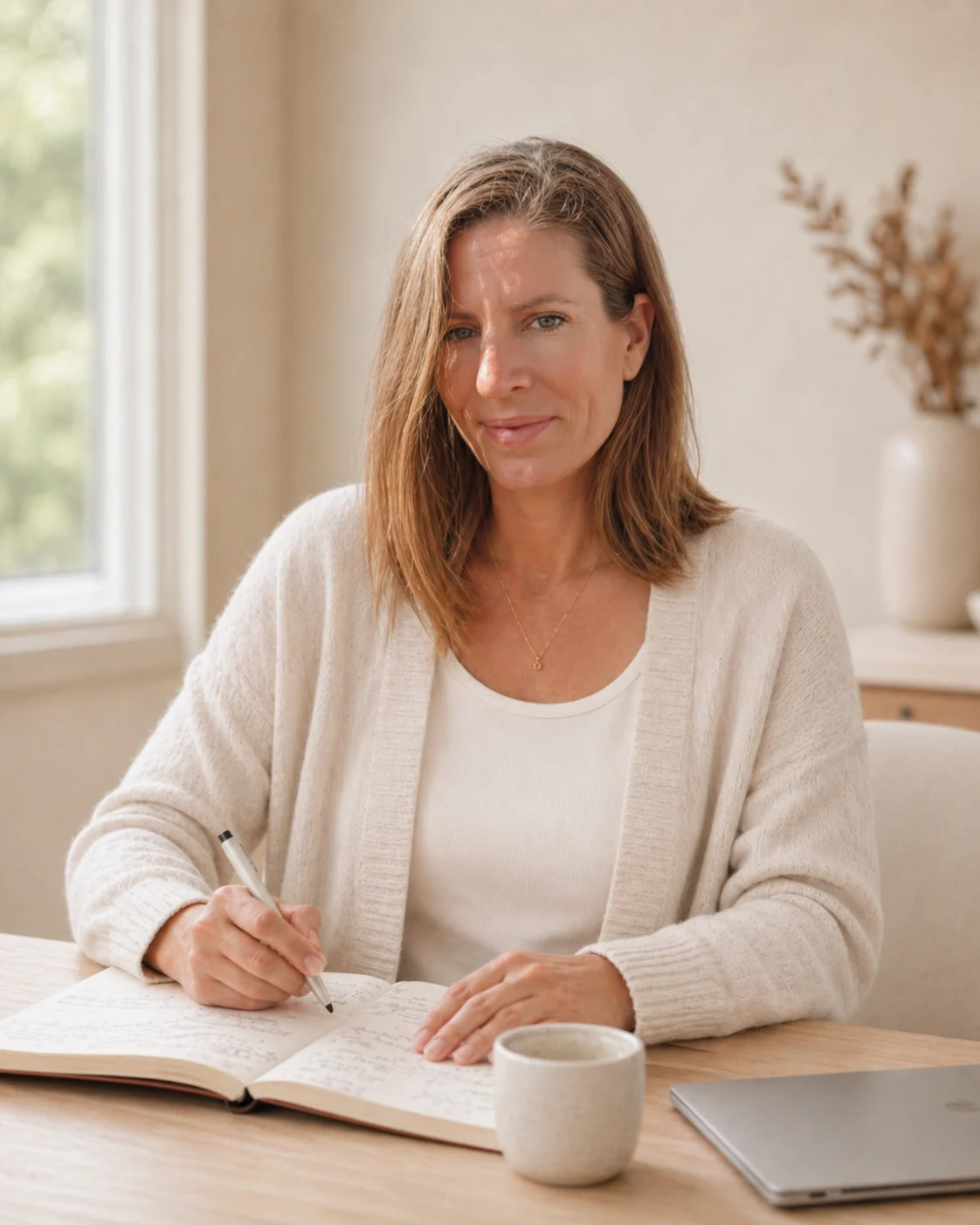 Mónica Luque revisando notas de nutrición y salud femenina