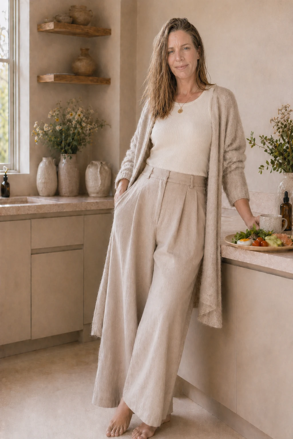 Mónica Luque en una cocina luminosa junto a un plato saludable y elementos de autocuidado