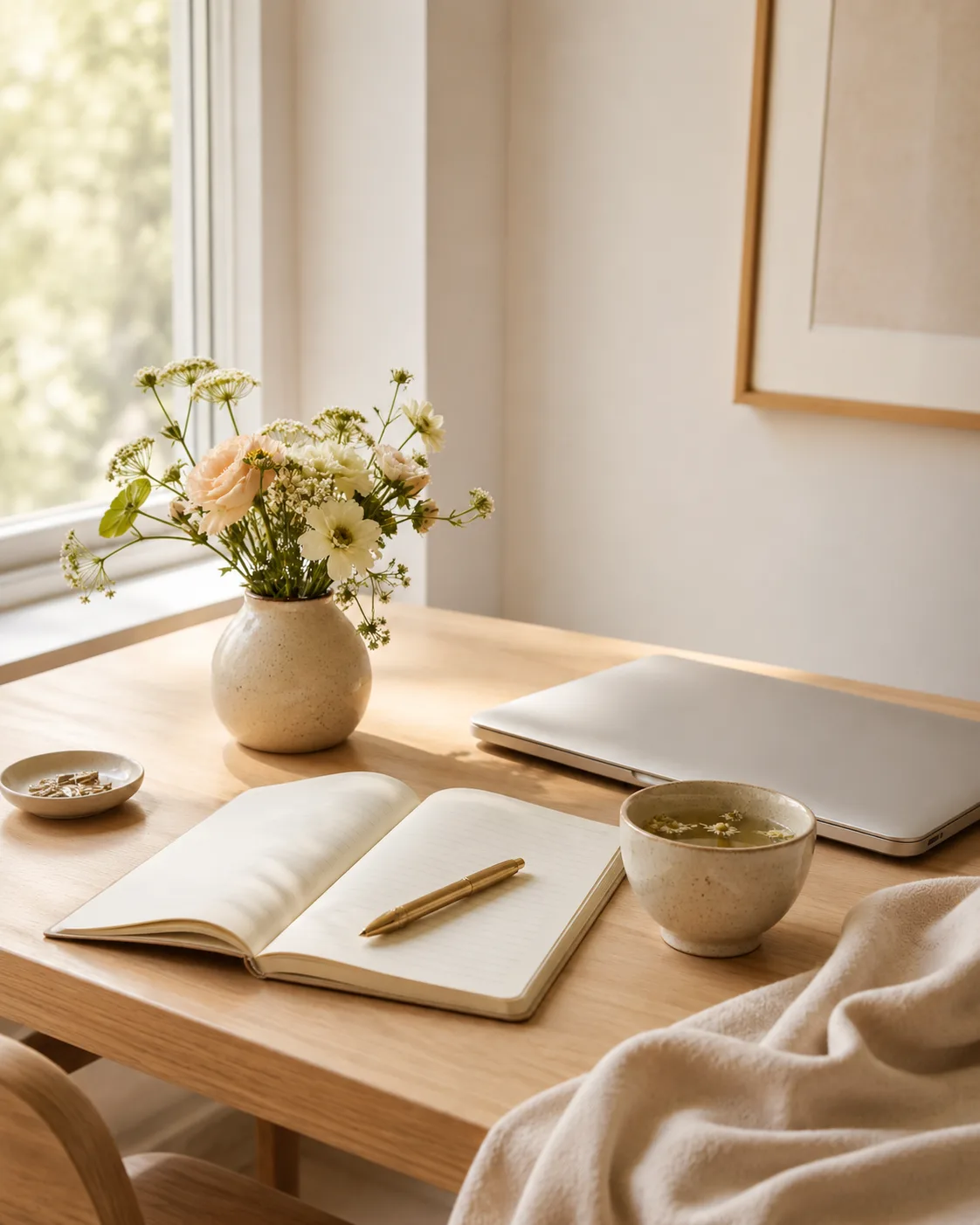 Mesa luminosa con libreta abierta, flores, ordenador y una taza