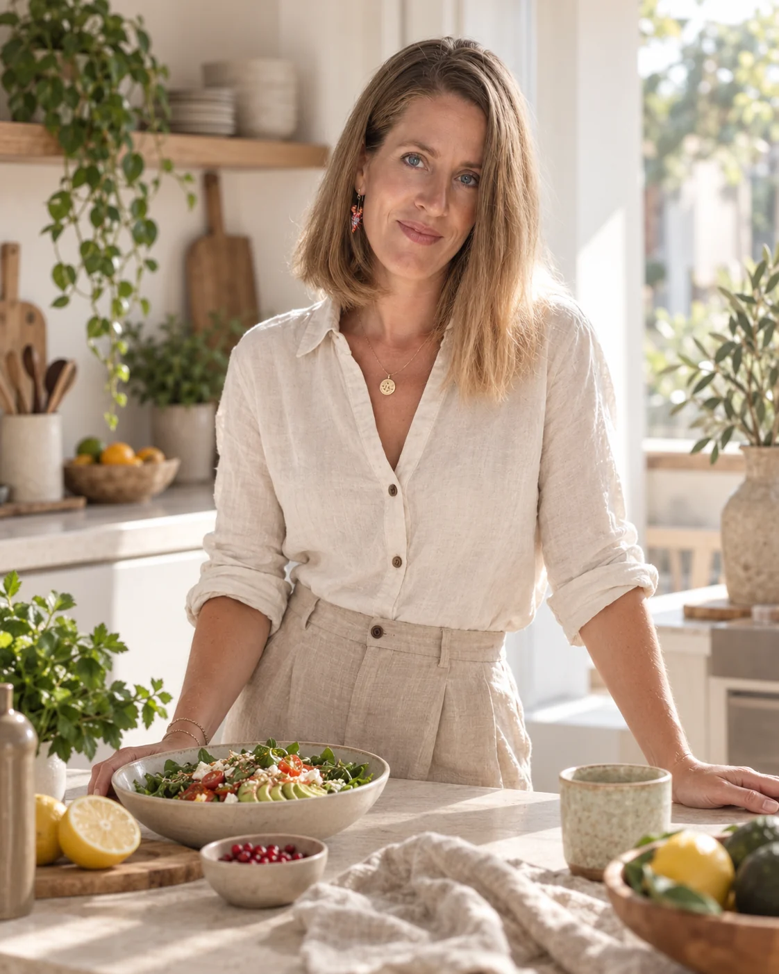 Mónica Luque en una cocina luminosa junto a un plato saludable
