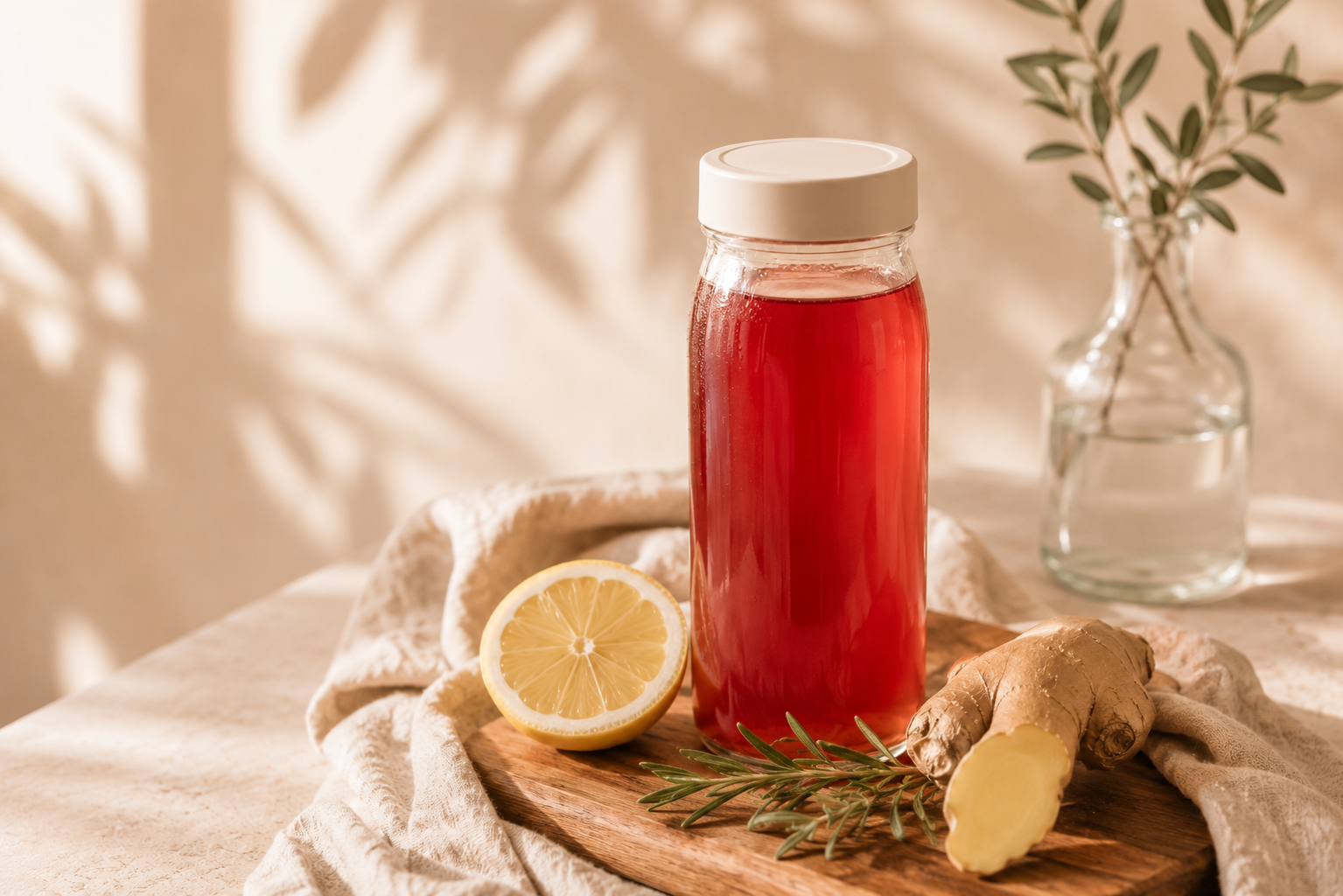 Bebida funcional roja con limón, jengibre y romero en una mesa luminosa