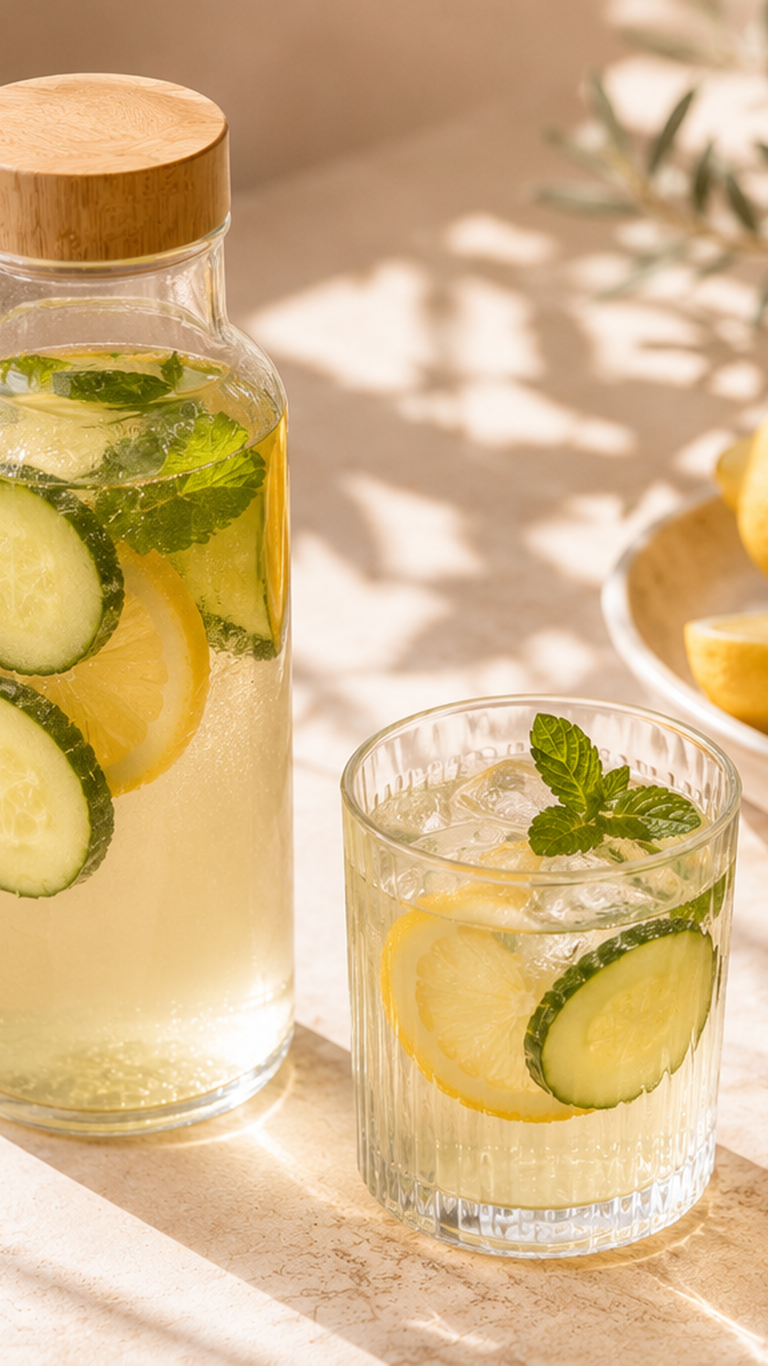 Bebida de hidratación con limón, pepino y menta