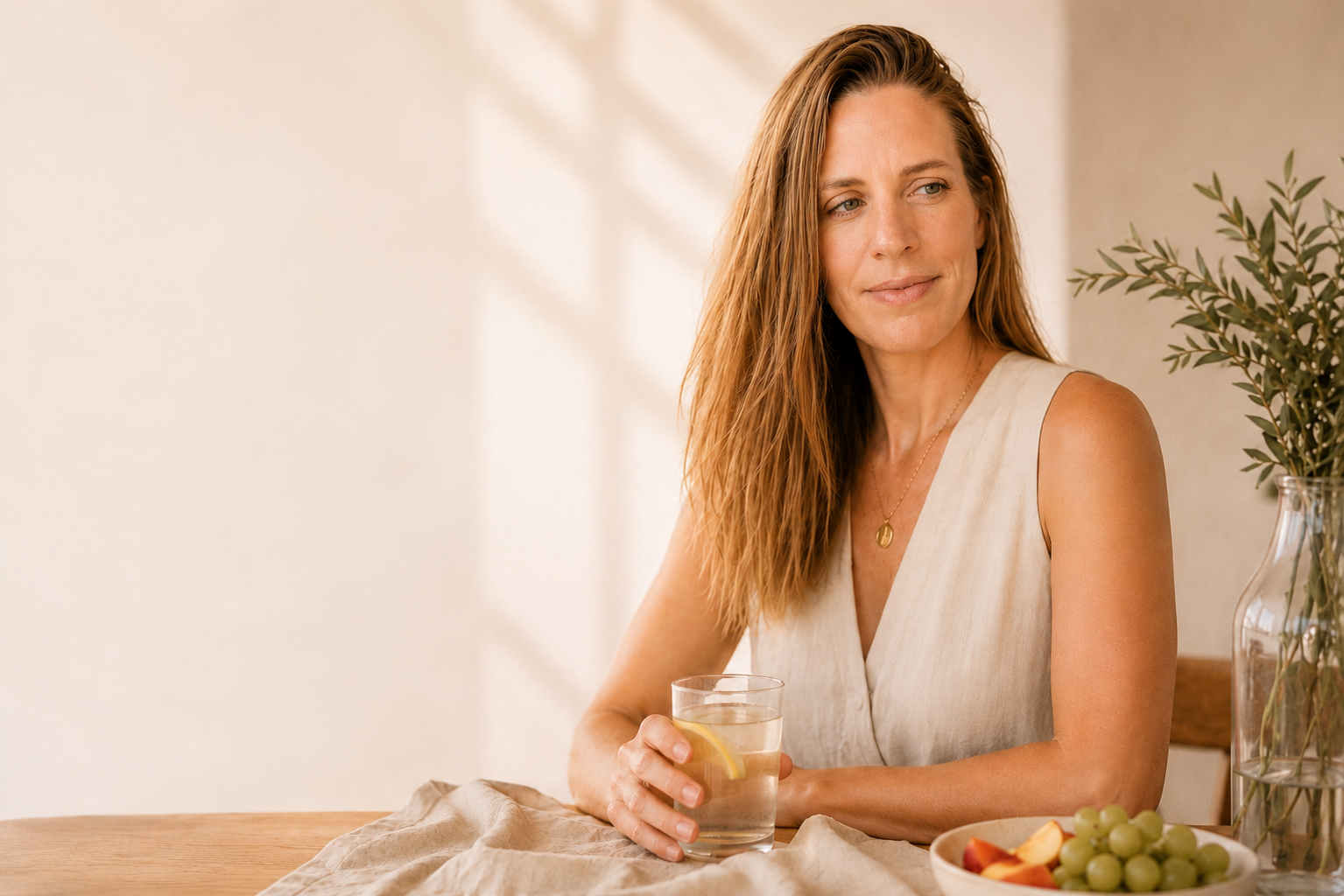 Mónica Luque con un vaso de agua con limón en una mesa luminosa