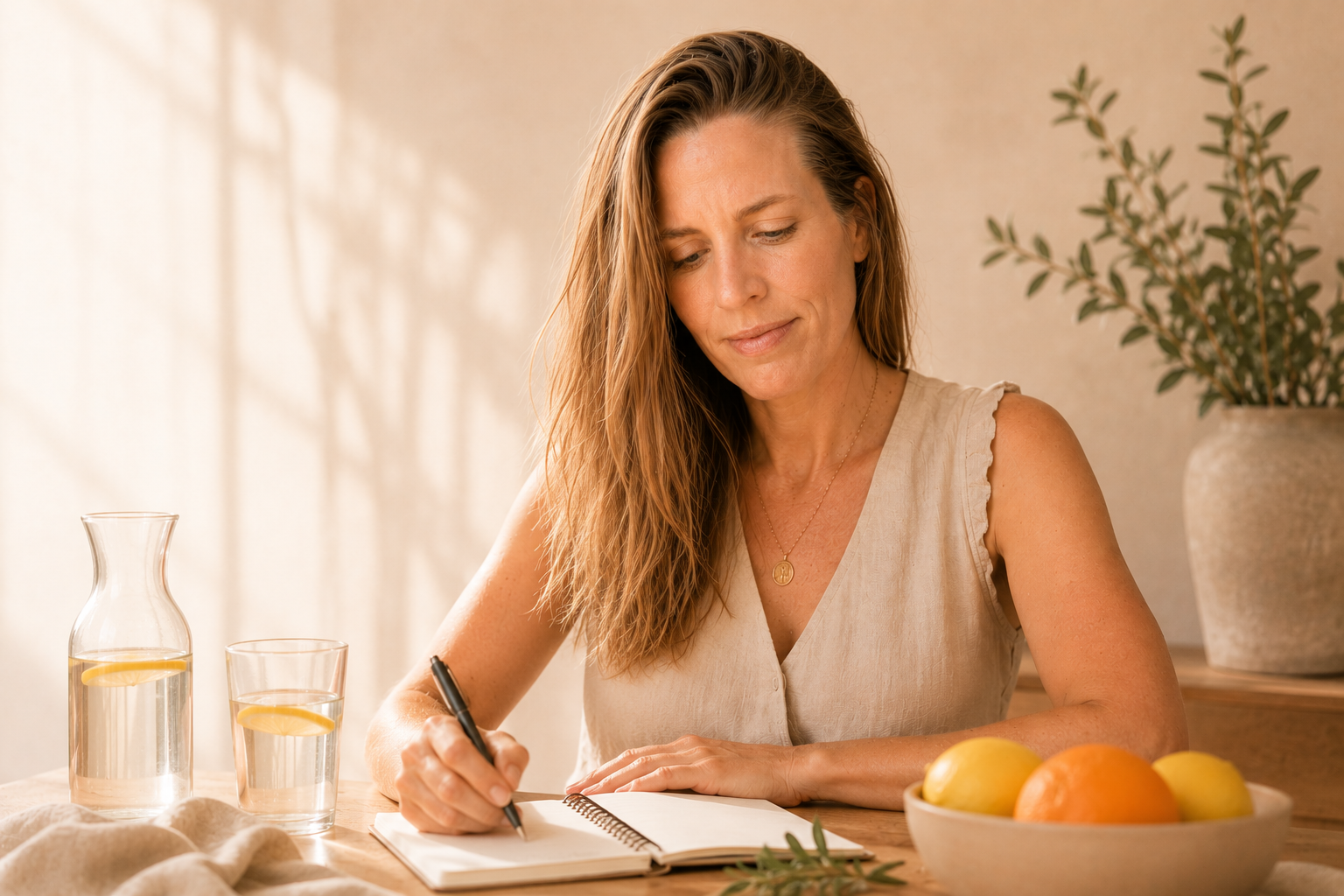 Mónica Luque escribiendo en un cuaderno junto a agua con limón